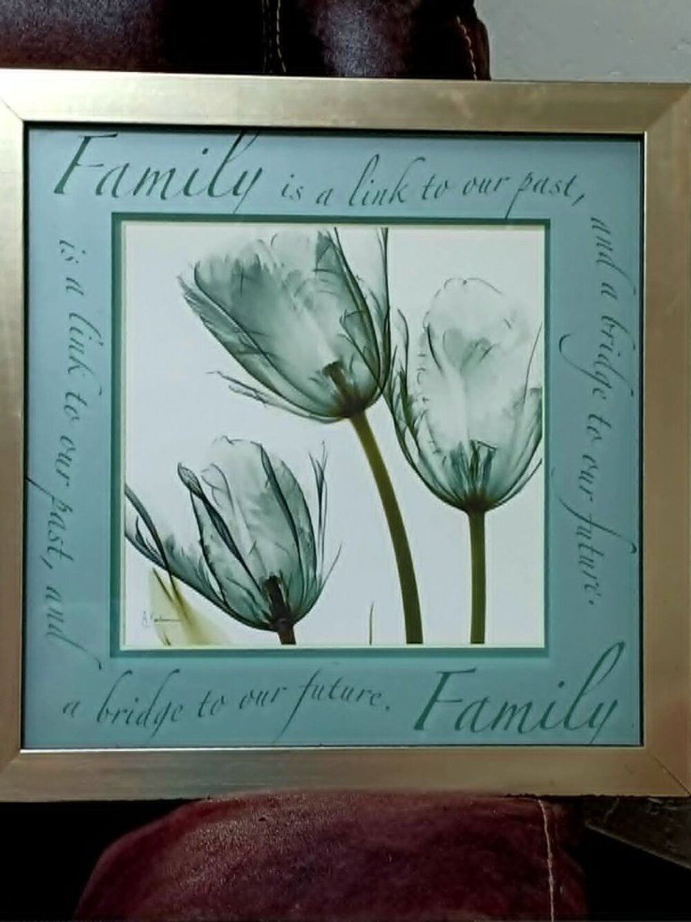 Family quote metal-framed teal & gray Tulip Floral Wall Art, 17x17